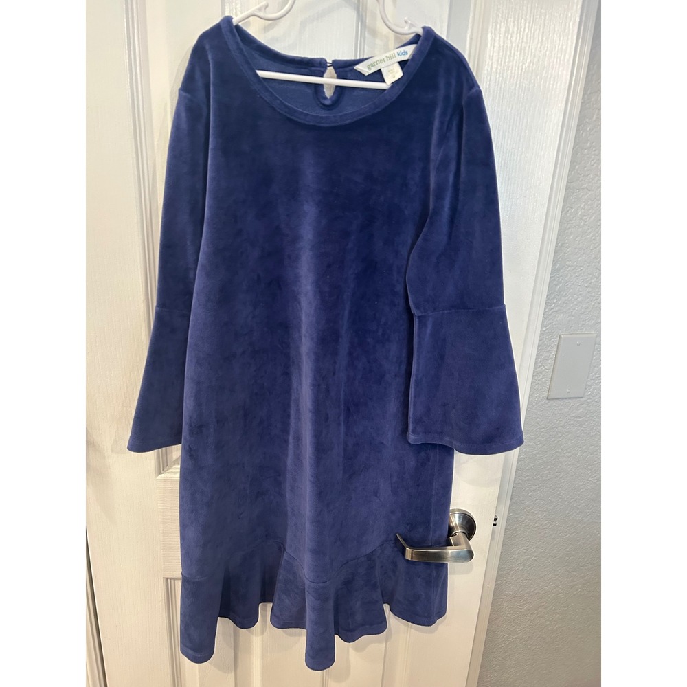Garnet Hill Kids Velour Dress Blue Bell Sleeve Ruffle Hem Girls Size 12 Holiday